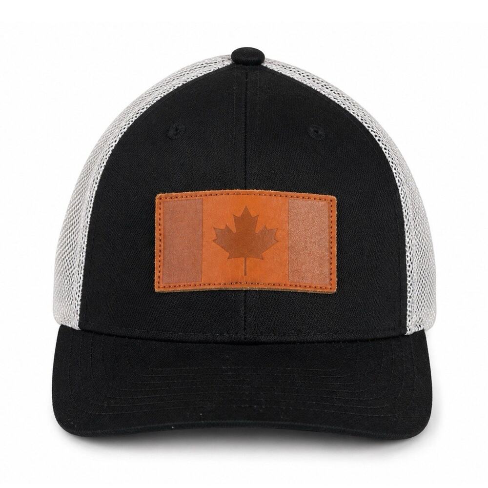 Local Crowns Men's Adjustable Mesh Trucker Hat Black White Canada Maple Leaf - Picture 1 of 3